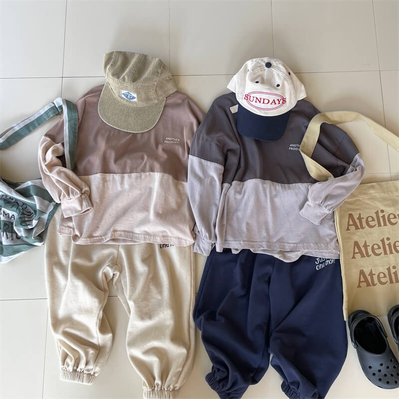 2023 children's Korean color contrast long skirt round neck sweater boy's and girl's children's T-shirt